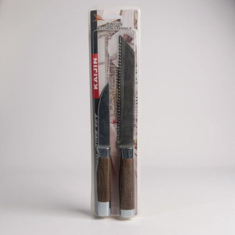 طقم سكاكين مطبخ - سكينان من الفولاذ المقاوم للصدأ بمقابض خشبية، سكين خبز مسنن + سكين طاهٍ حاد، مقبض متين ومريح